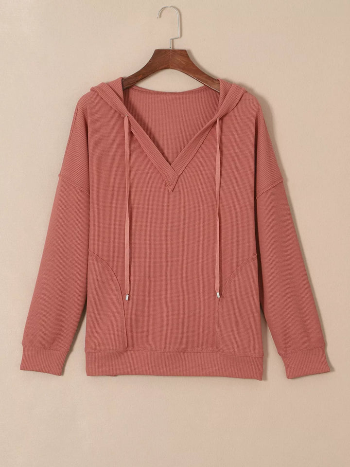 Waffle knit V-neck drawstring pullover hoodie