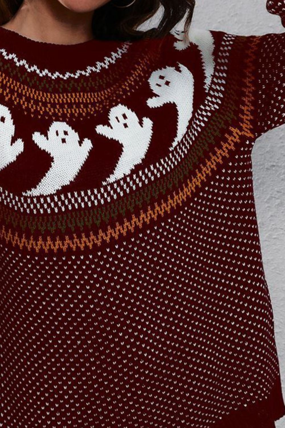 Ghost print Fair Isle knit crew neck pullover sweater