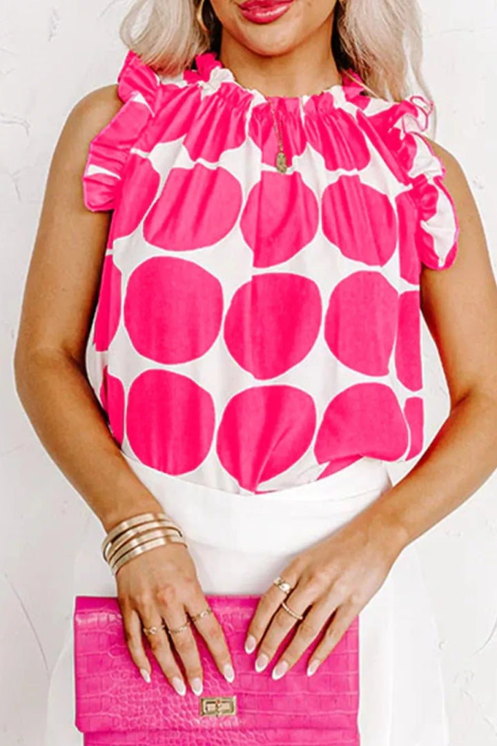 Large polka dot ruffle-neck sleeveless shift top
