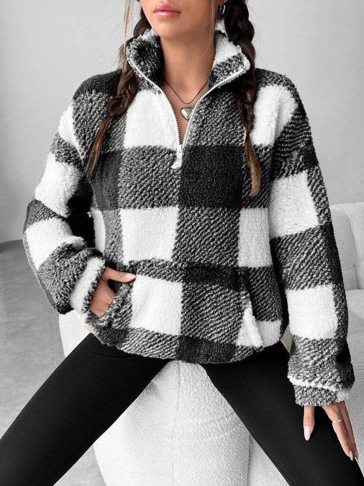 Plaid sherpa quarter-zip pullover with front pocket