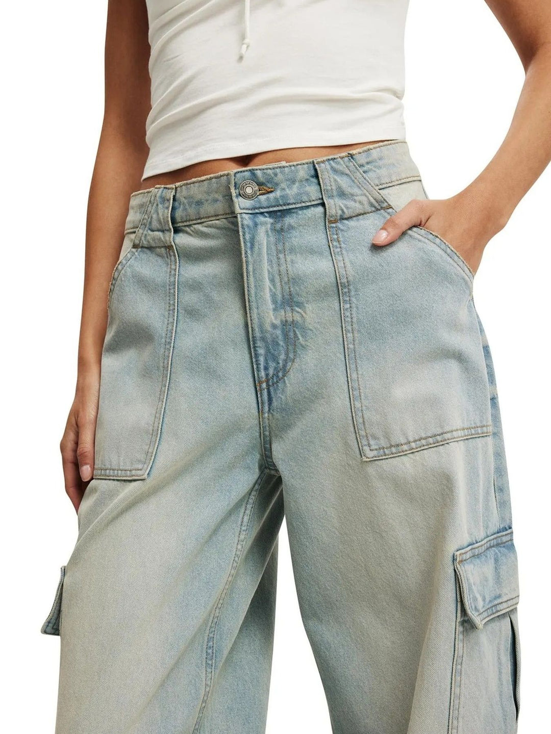 Wide leg cargo jeans with side flap pockets