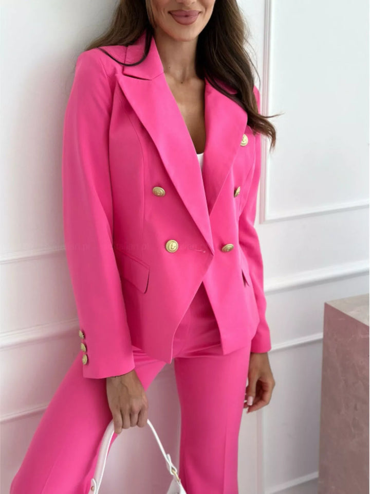 Hot Pink Double-breasted blazer with gold buttons and peak lapels