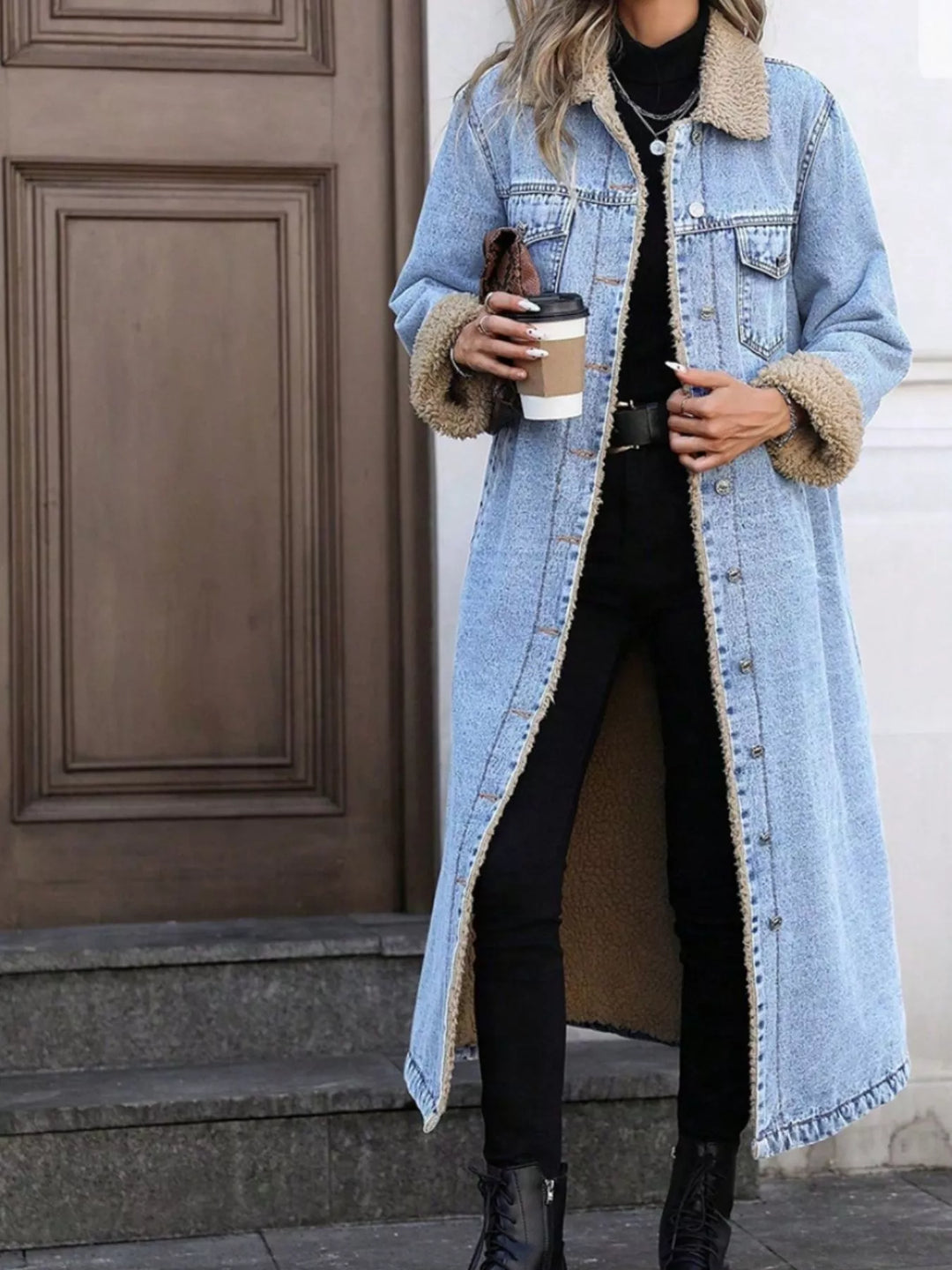 Light Blue Sherpa-lined longline button-front denim jacket