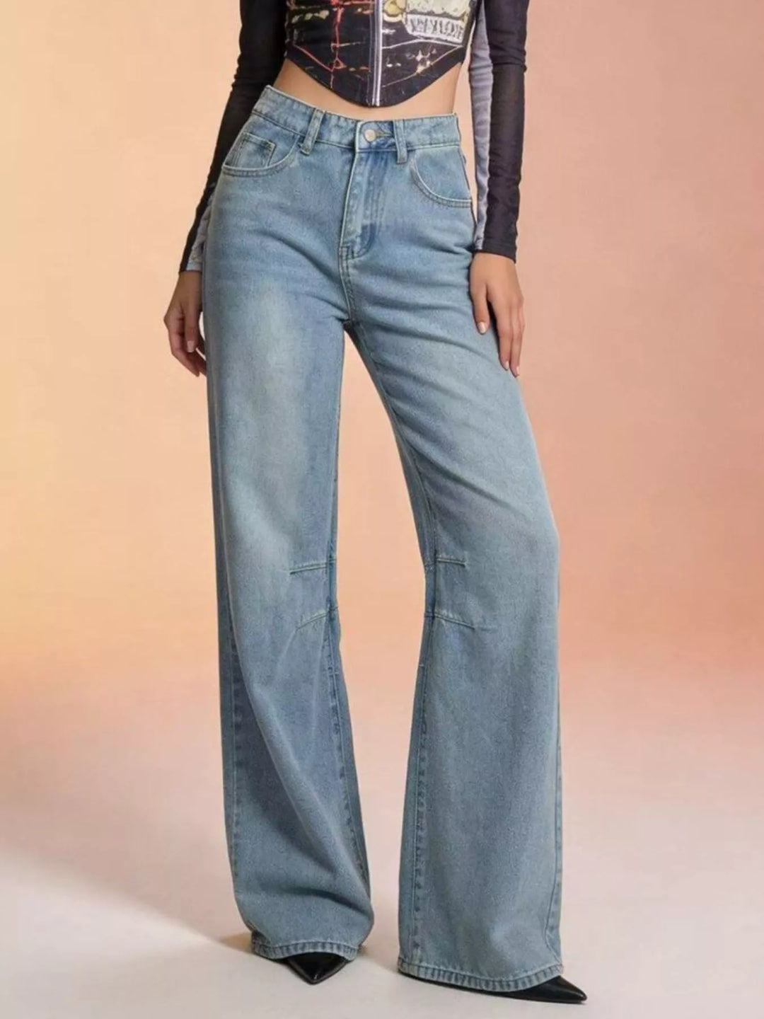 Wide-leg high-rise jeans with paneled knee seams