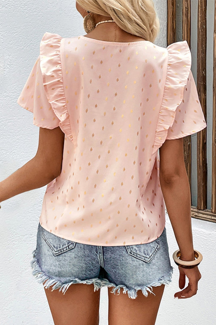Ruffle trim pintuck blouse with gold foil dot print