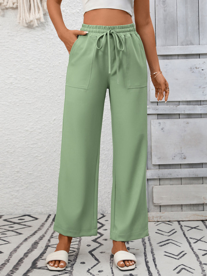 Drawstring wide leg pants with patch pockets