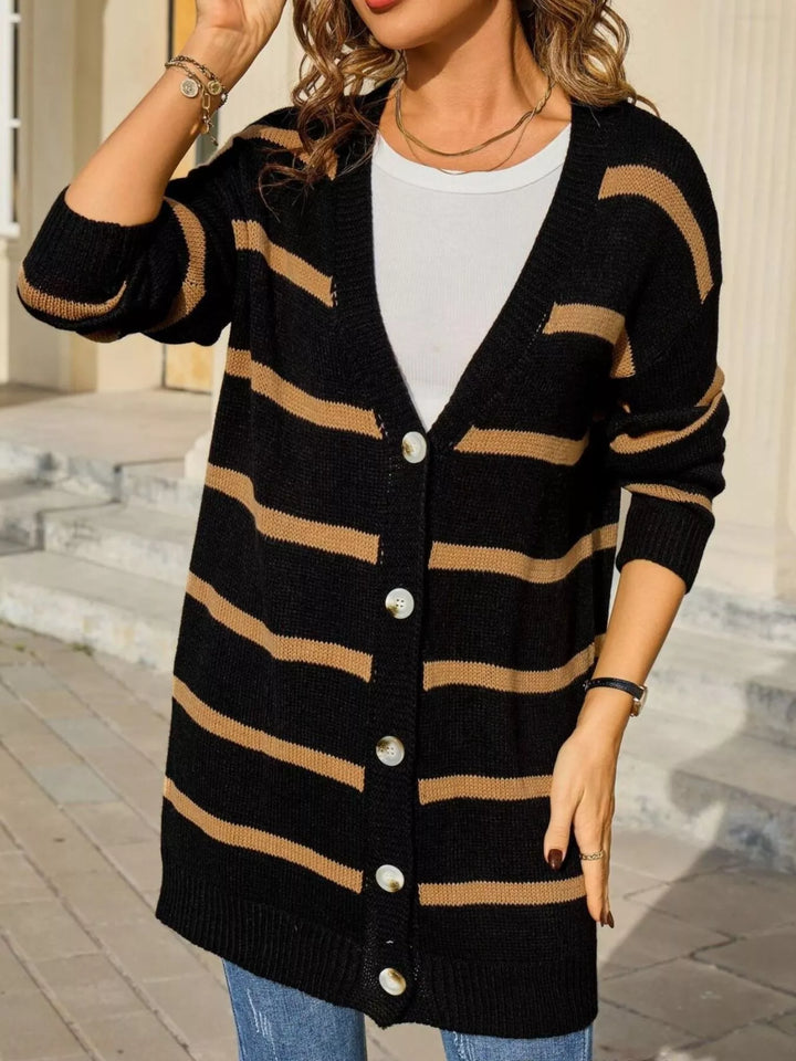 Black Striped button-front longline knit cardigan with ribbed trim