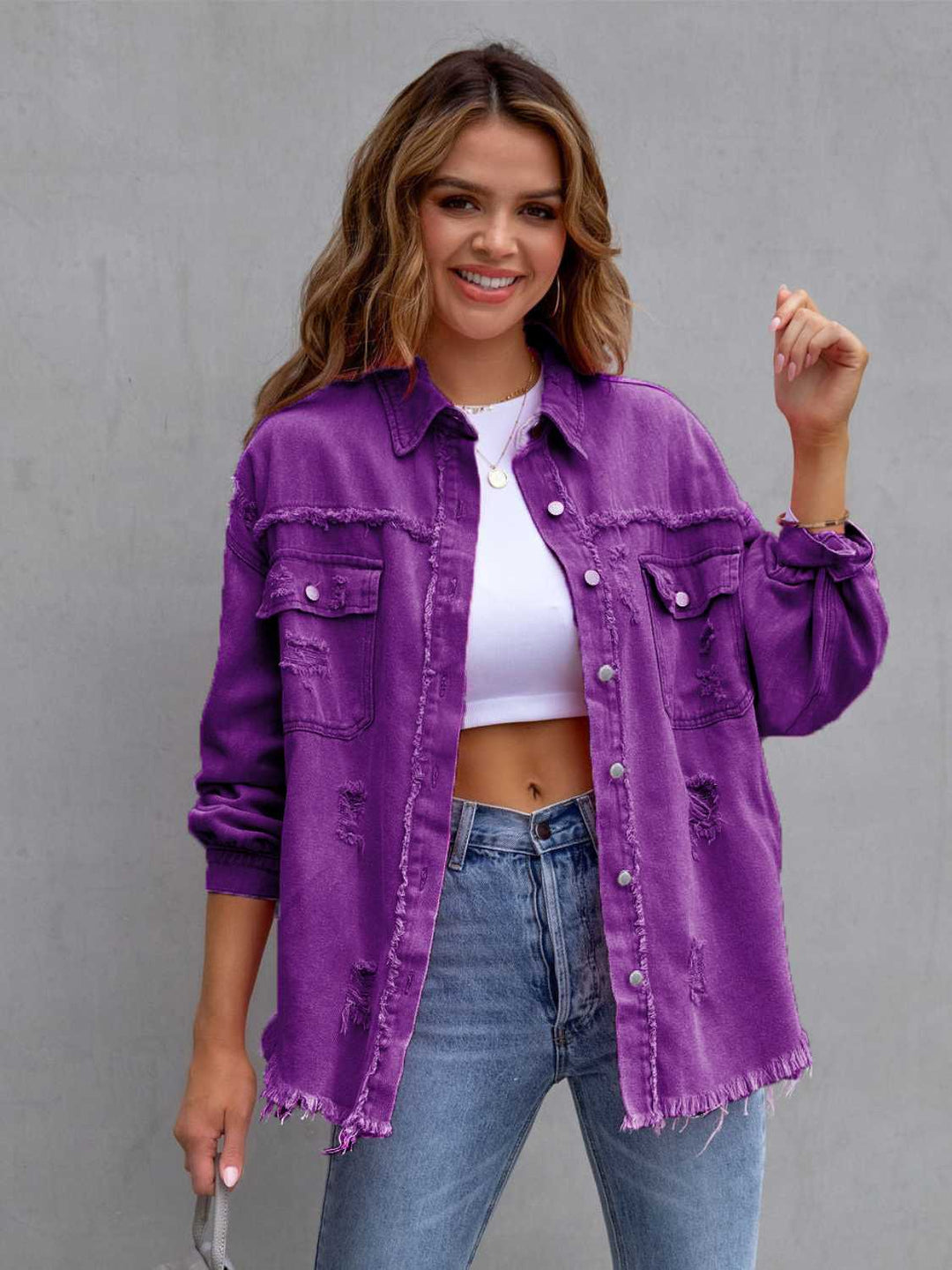 Purple Distressed drop shoulder denim jacket with fringe hem