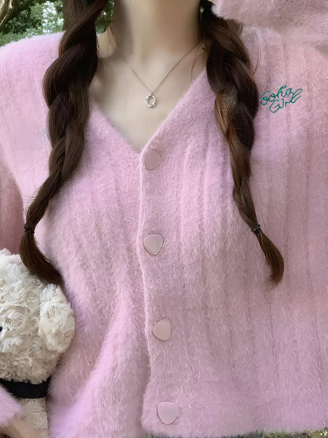 Pink Fuzzy brushed knit button-up cropped cardigan