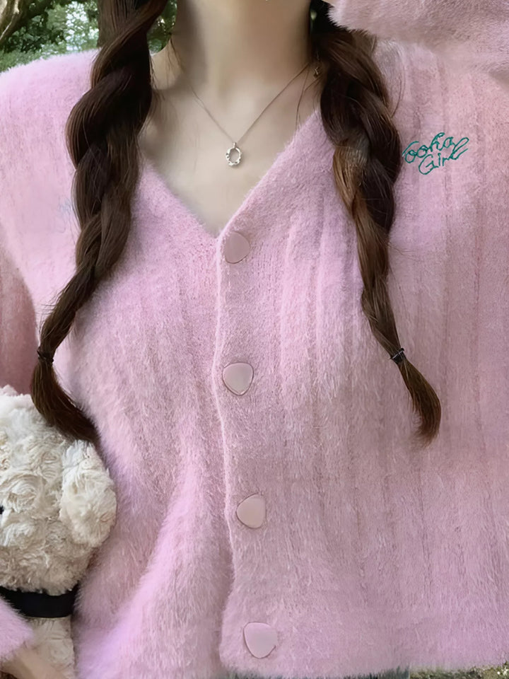 Pink Fuzzy brushed knit button-up cropped cardigan