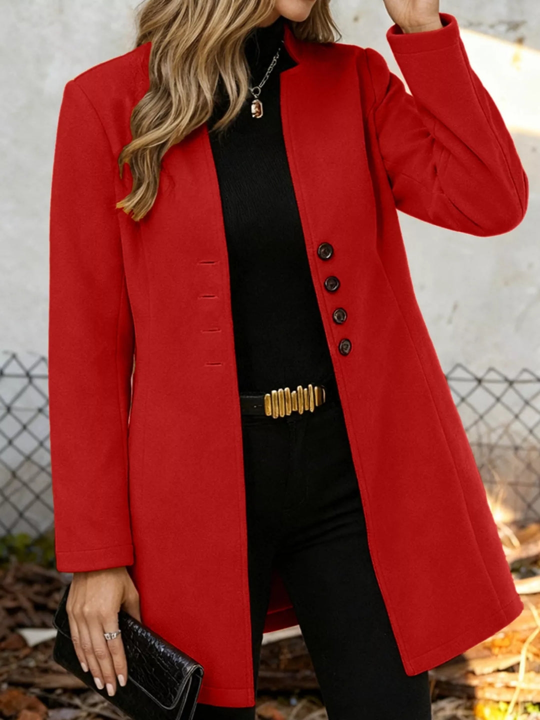 Single-breasted stand-collar longline coat