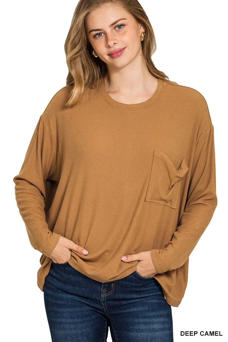 DEEP CAMEL Ribbed dolman sleeve top with chest pocket