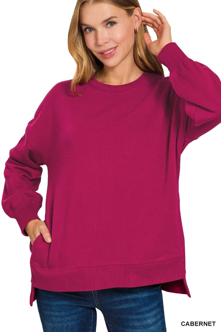 Fleece hi-low boyfriend sweatshirt with side pockets