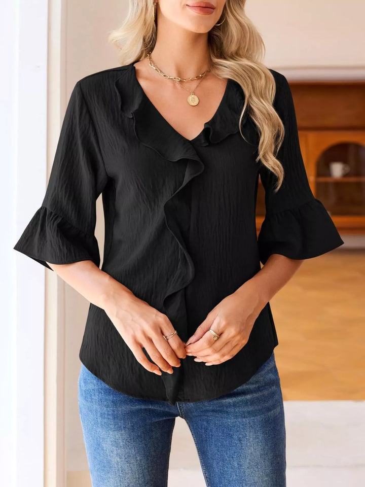Black Ruffle trim V-neck blouse with flared bell sleeves