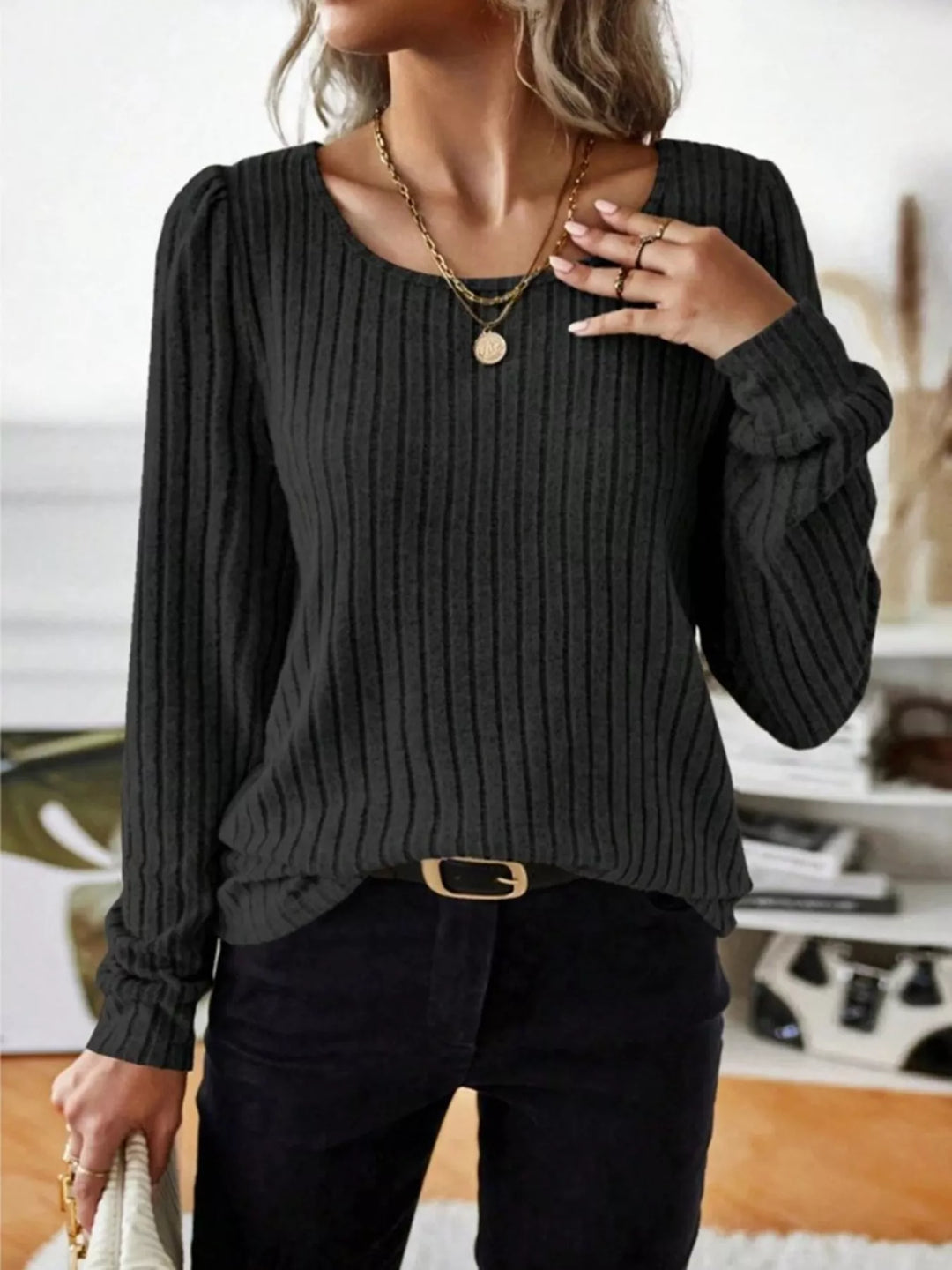 Black Ribbed knit scoop neck long sleeve top