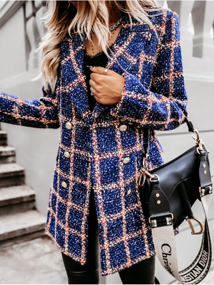 Houndstooth tweed double-breasted blazer coat with gold buttons