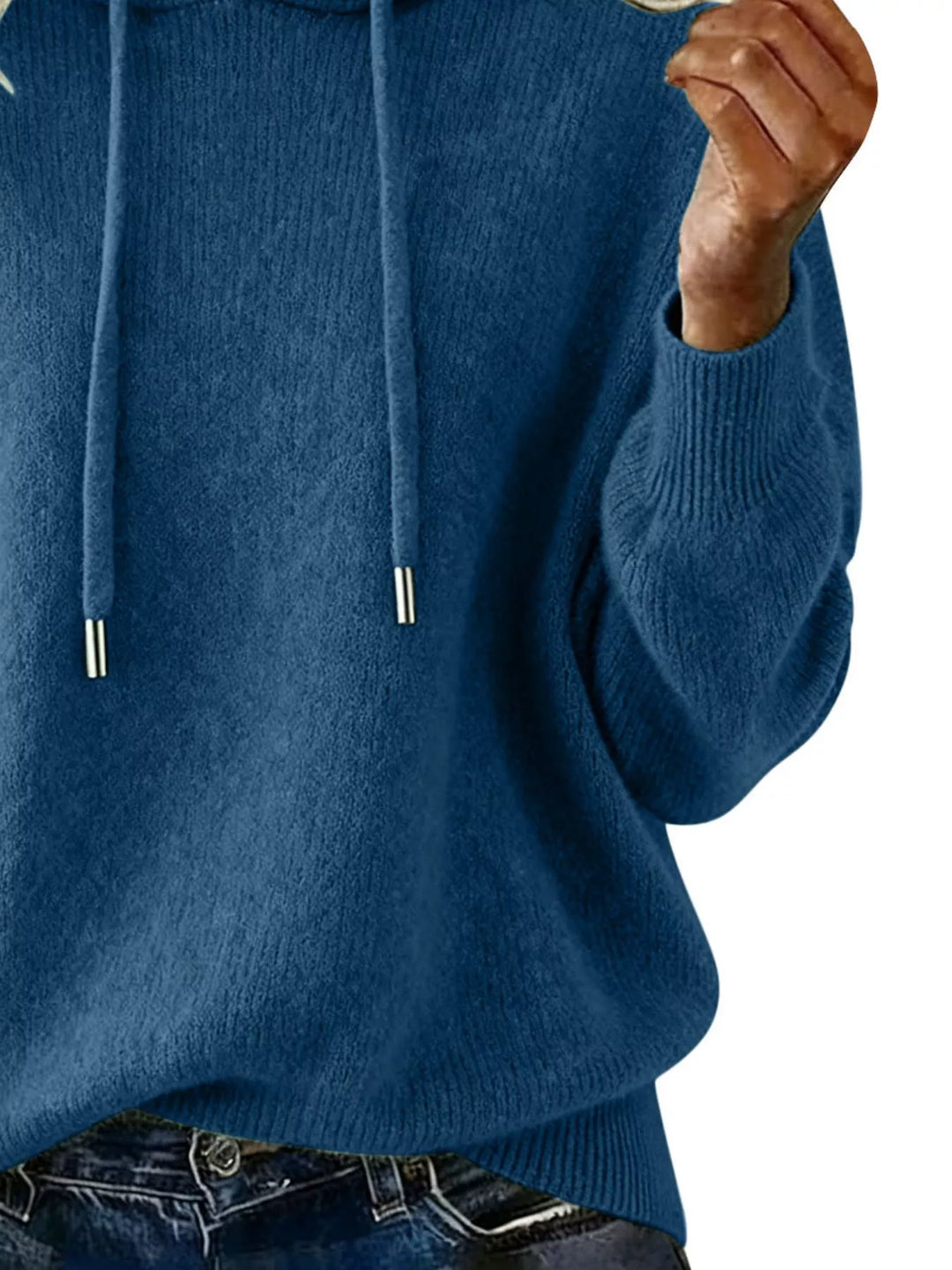 Drawstring hooded knit sweater with ribbed cuffs