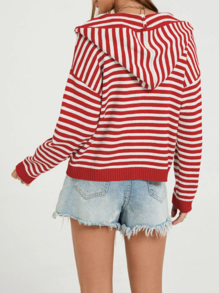 Striped hooded zip-up knit cardigan with ribbed trim