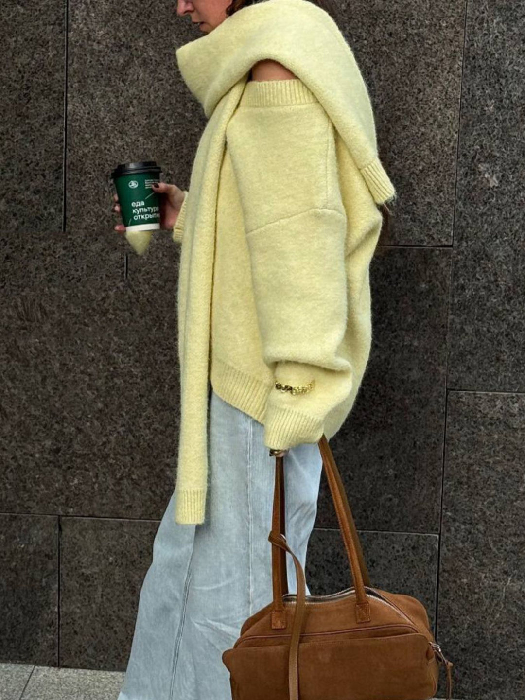Oversized dropped-shoulder knit sweater with scarf
