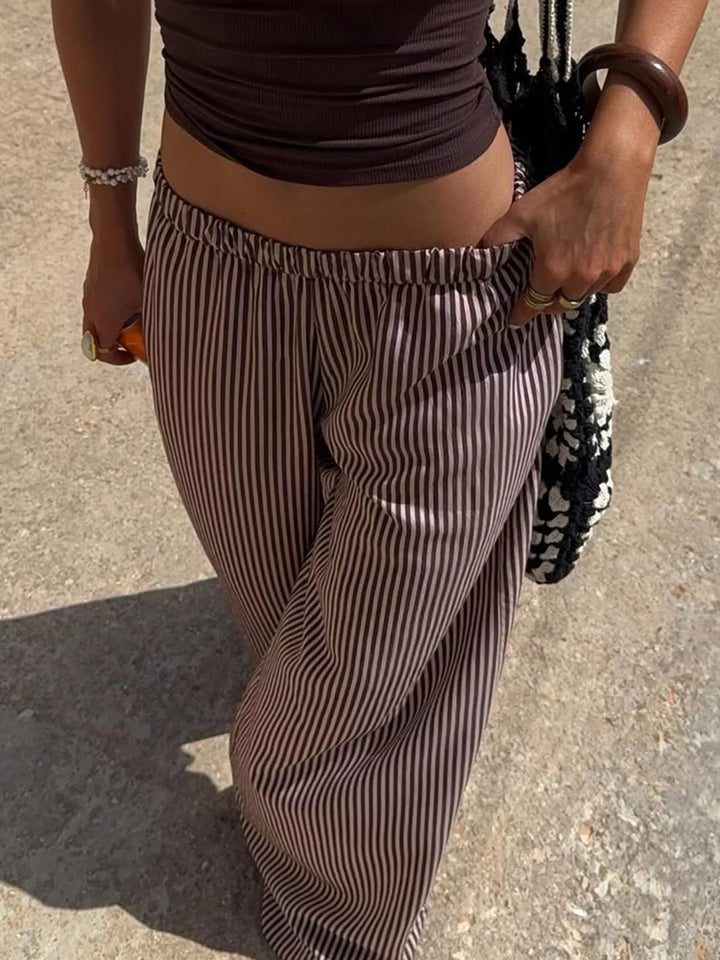 Striped wide-leg pants with drawstring tie waist