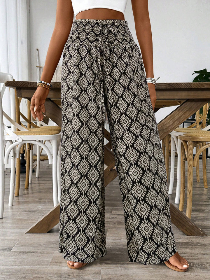 Black Boho geometric print wide-leg pants with tie waist