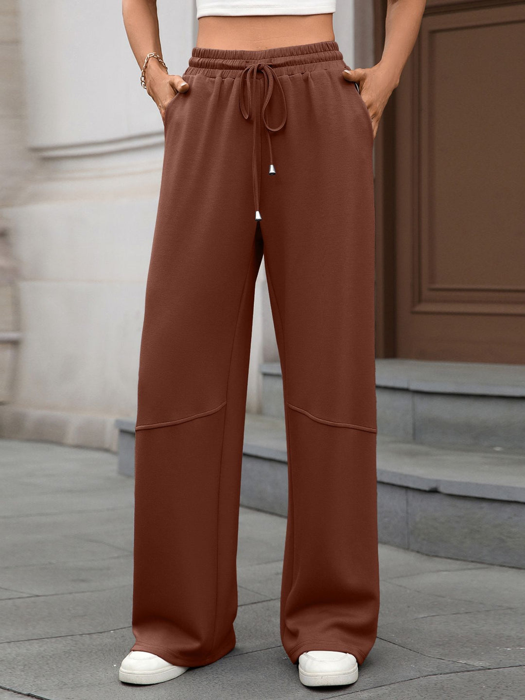 Drawstring high-rise wide leg pants with side pockets