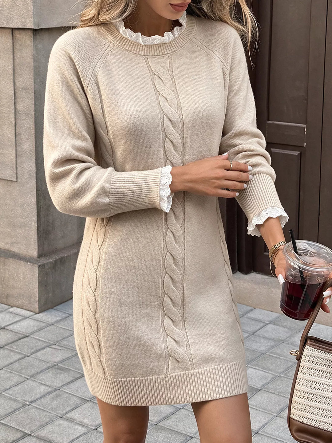 Cable knit raglan sweater dress with lace trim neckline