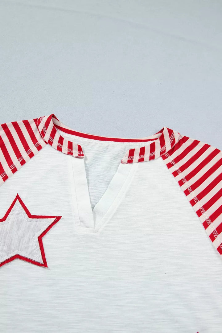 Star patch flag-inspired V-neck top with ruffle sleeves