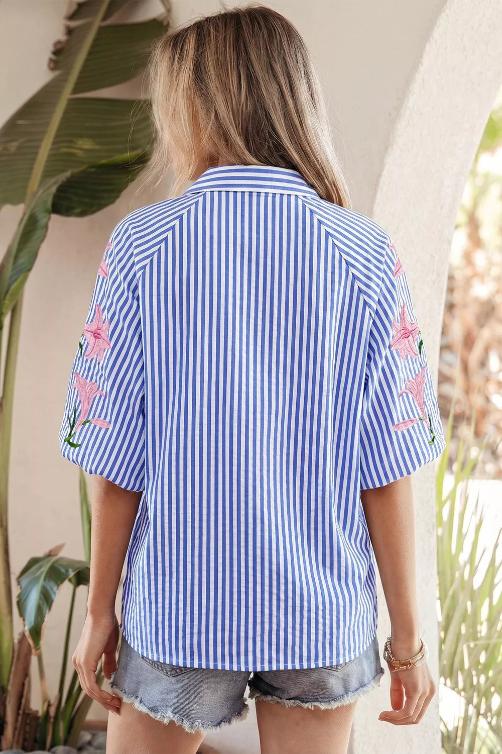Striped floral-embroidered puff sleeve button-down shirt