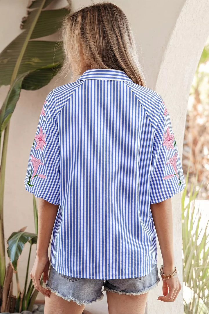 Striped floral-embroidered puff sleeve button-down shirt