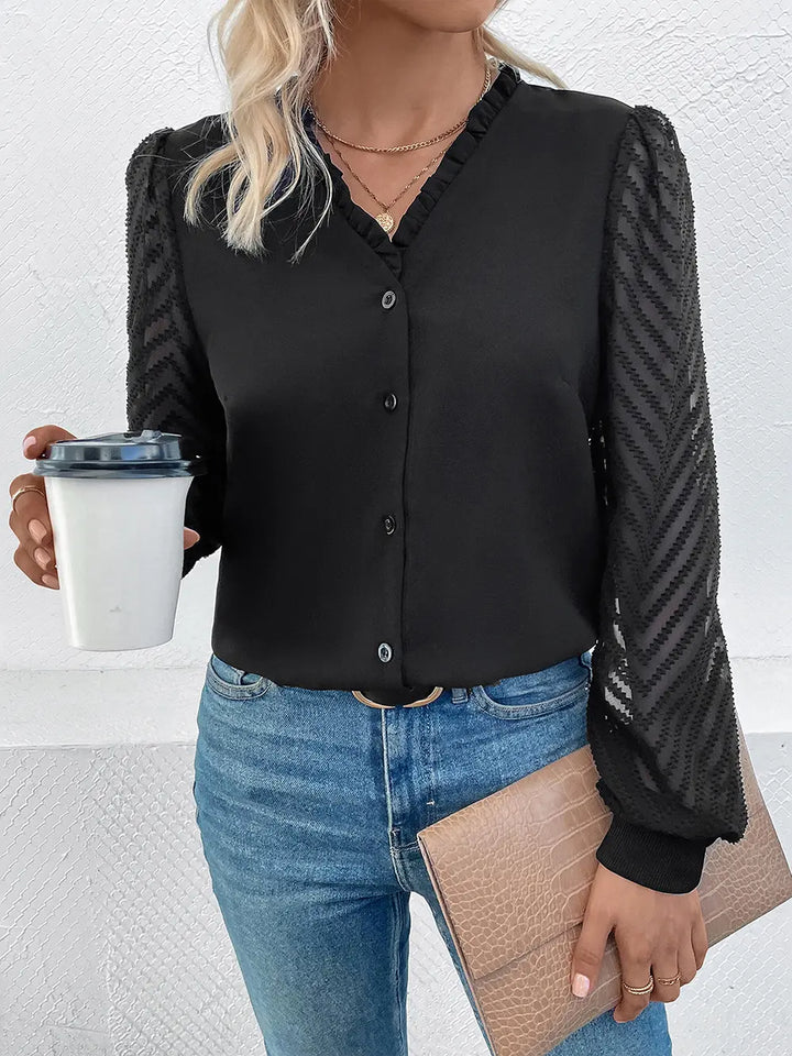 Sheer lace sleeve V-neck button-front blouse