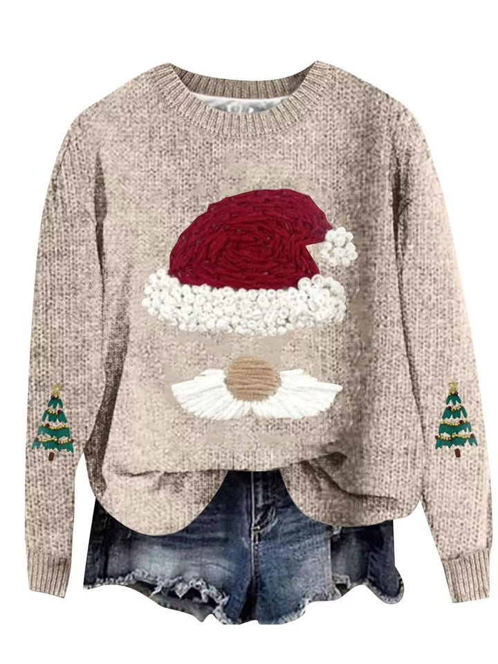 Beige Santa graphic dropped shoulder crew neck sweater