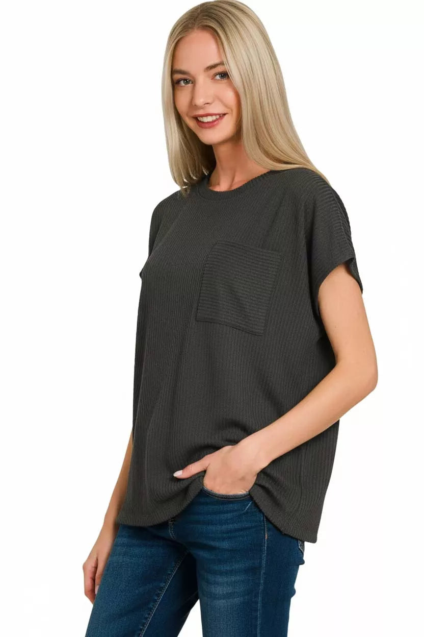 Ribbed knit boxy top with front patch pocket