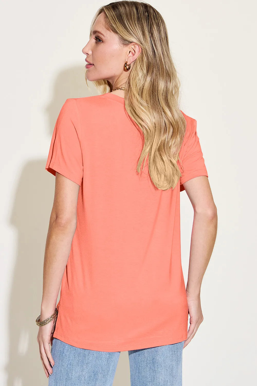 V-neck high-low bamboo tee with side slits