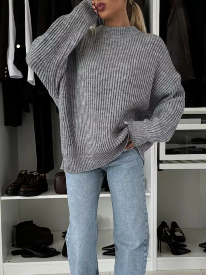 Chunky ribbed knit oversized crew neck sweater