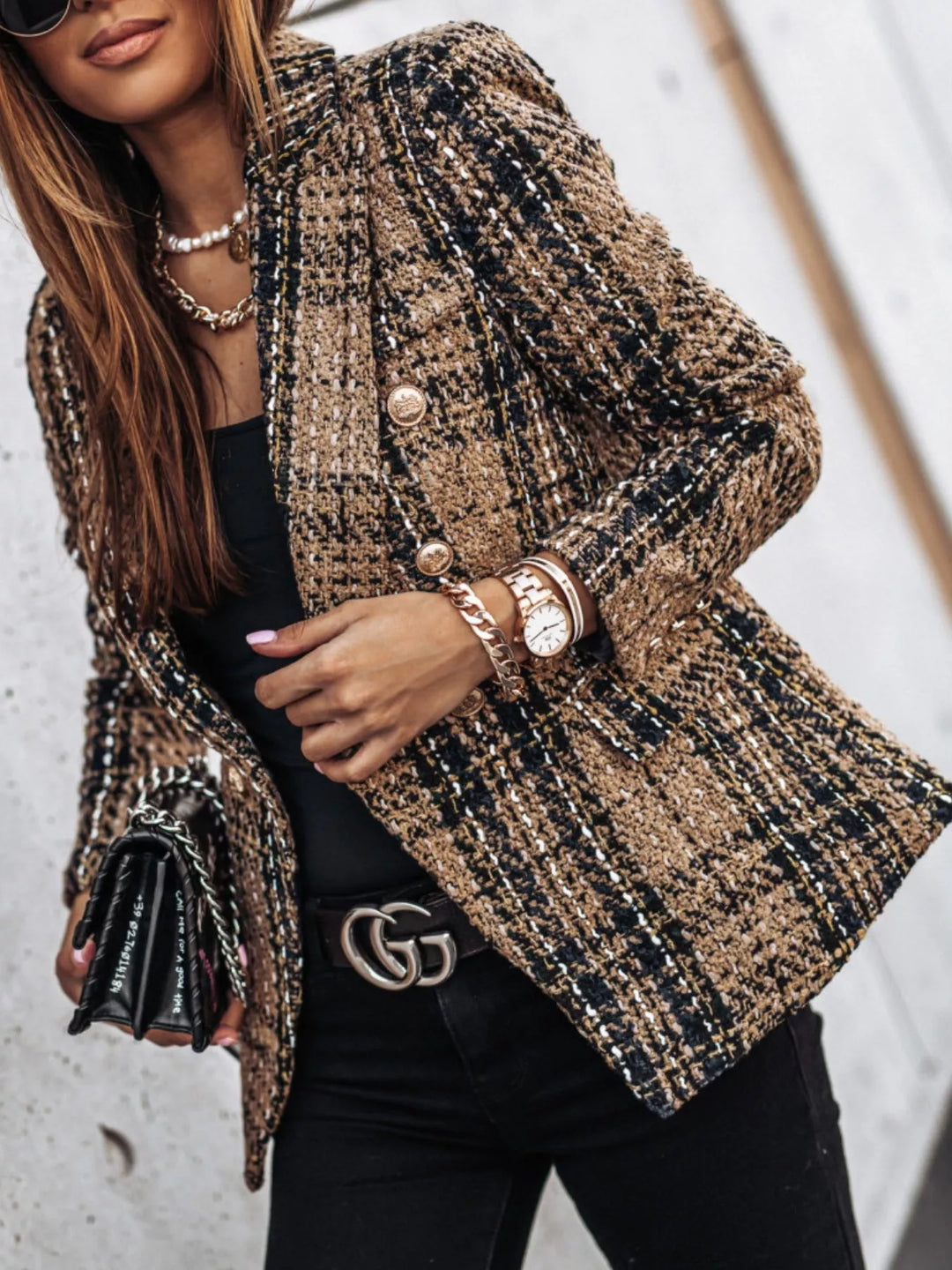 Brown Plaid tweed double-breasted blazer with gold buttons