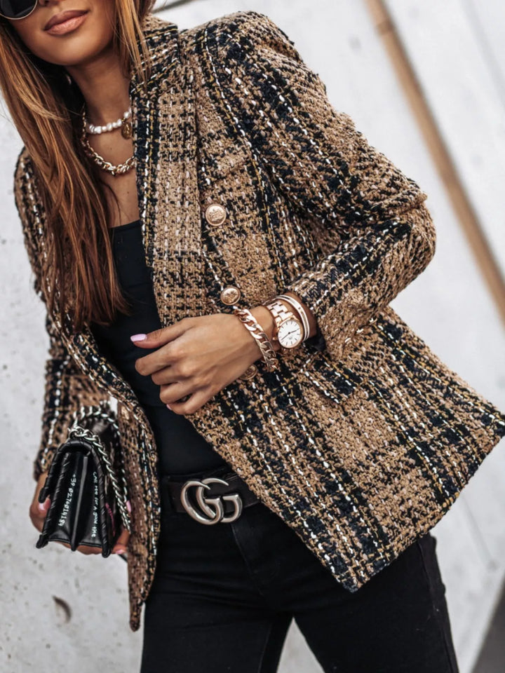 Brown Plaid tweed double-breasted blazer with gold buttons