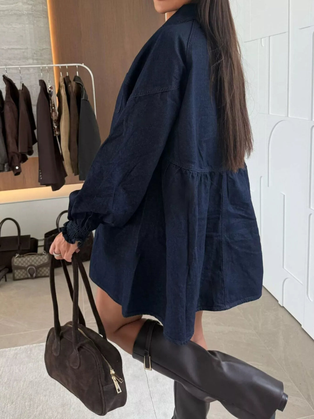 Button-down denim shirt dress with puff sleeves and pockets