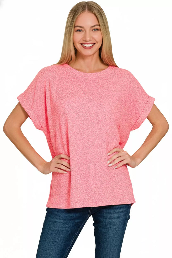 Cuffed short sleeve melange knit top with round neck