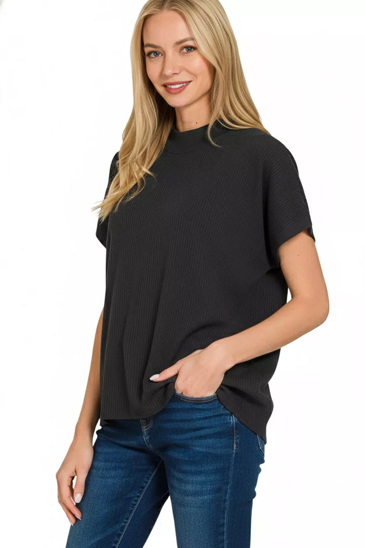 Ribbed mock neck short sleeve boxy sweater