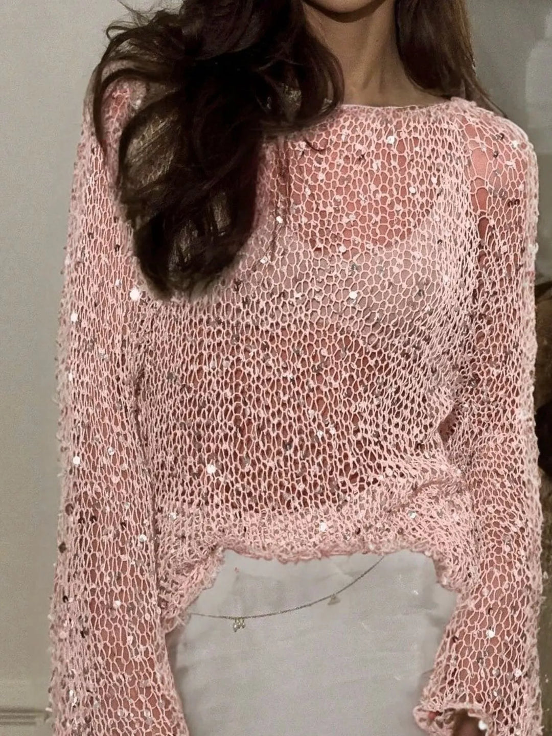 Pink Sequin open-knit long sleeve cover-up pullover