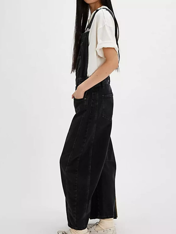 Wide-leg cotton denim overalls with adjustable straps