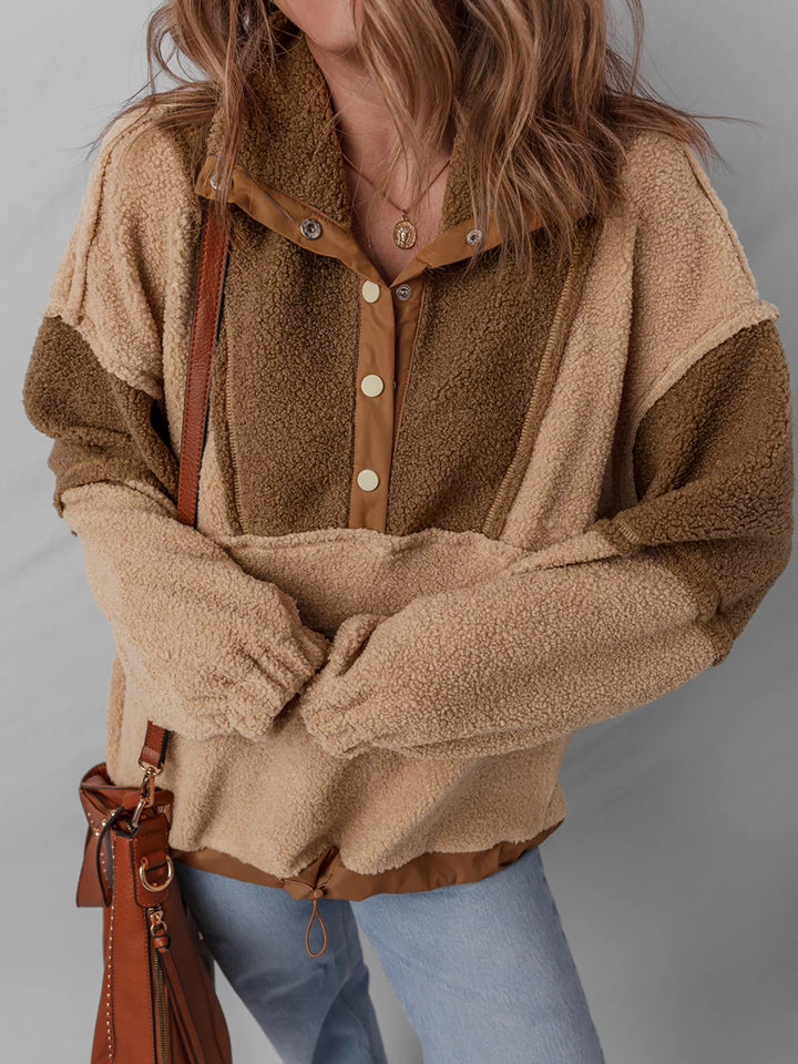 Camel Color block sherpa pullover with half-snap placket