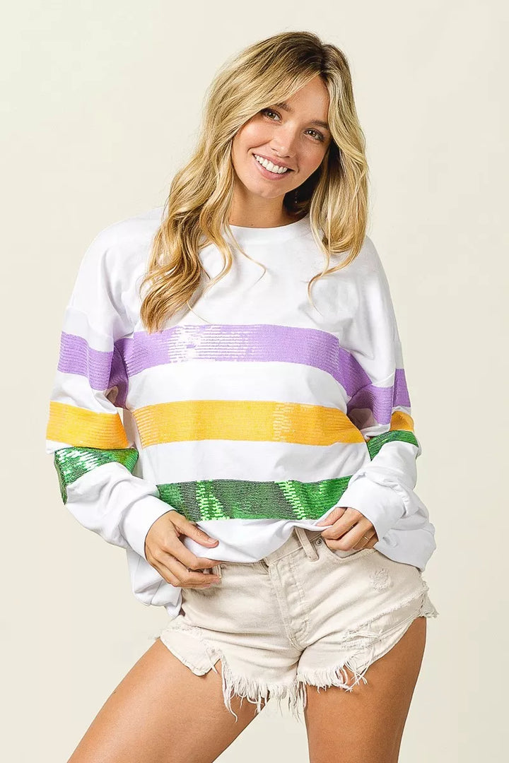 Sequin stripe Mardi Gras crewneck sweatshirt