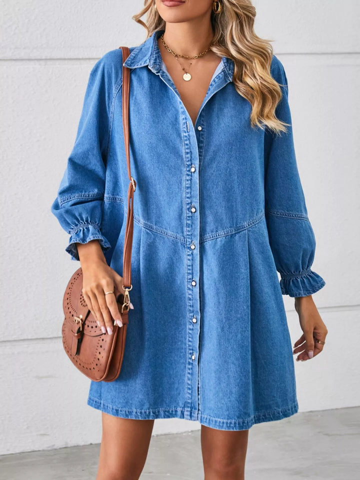 Button-front ruffle cuff mini denim shirt dress