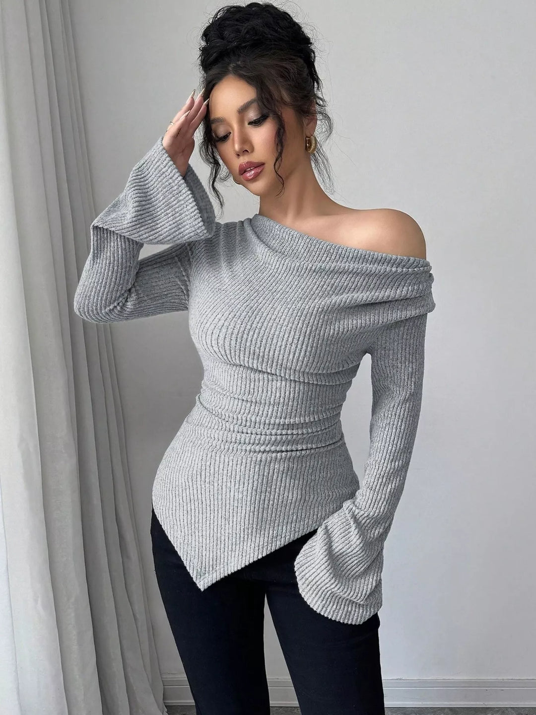 Cowl neck ribbed knit top with flare sleeves