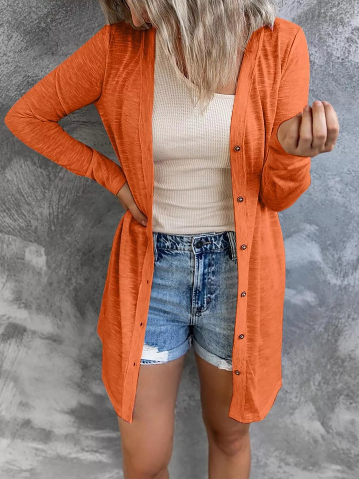 Orange Red Lightweight button-front longline open knit cardigan