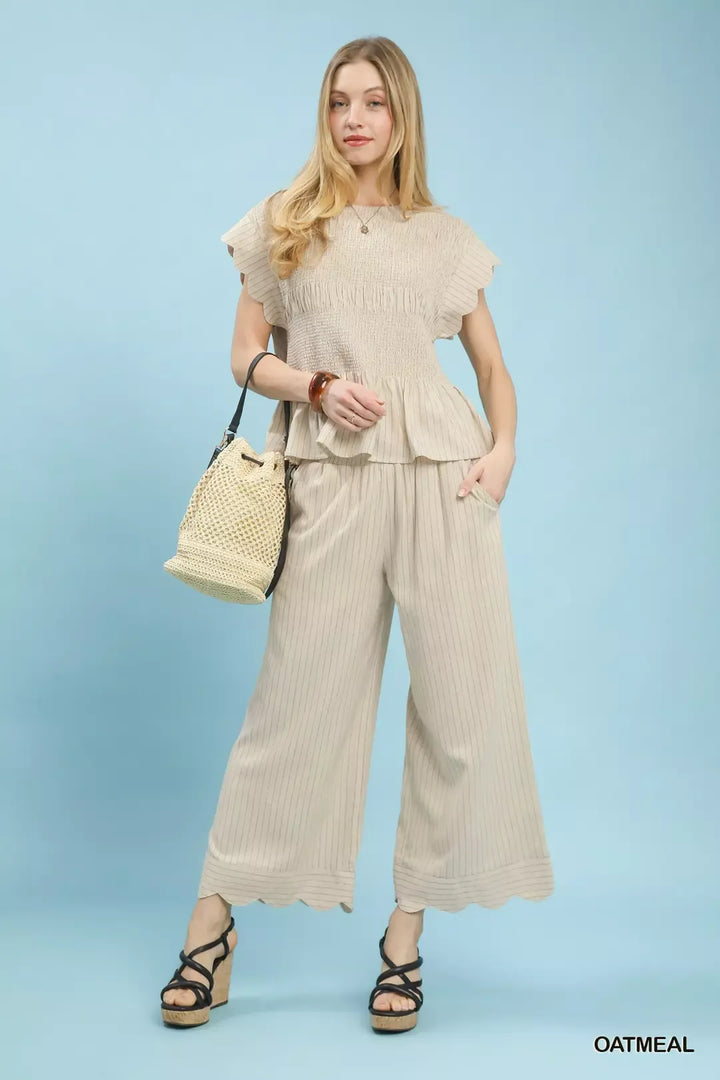 Pinstripe wide-leg linen pants with scalloped hem