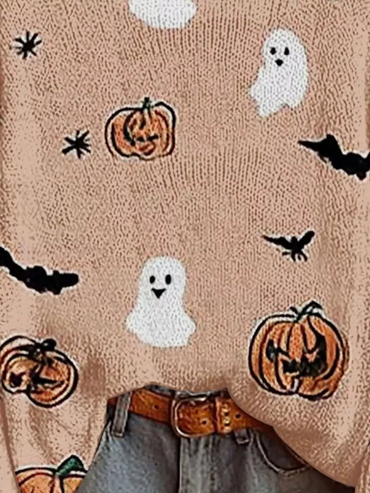 Halloween ghost and pumpkin graphic boat neck sweater