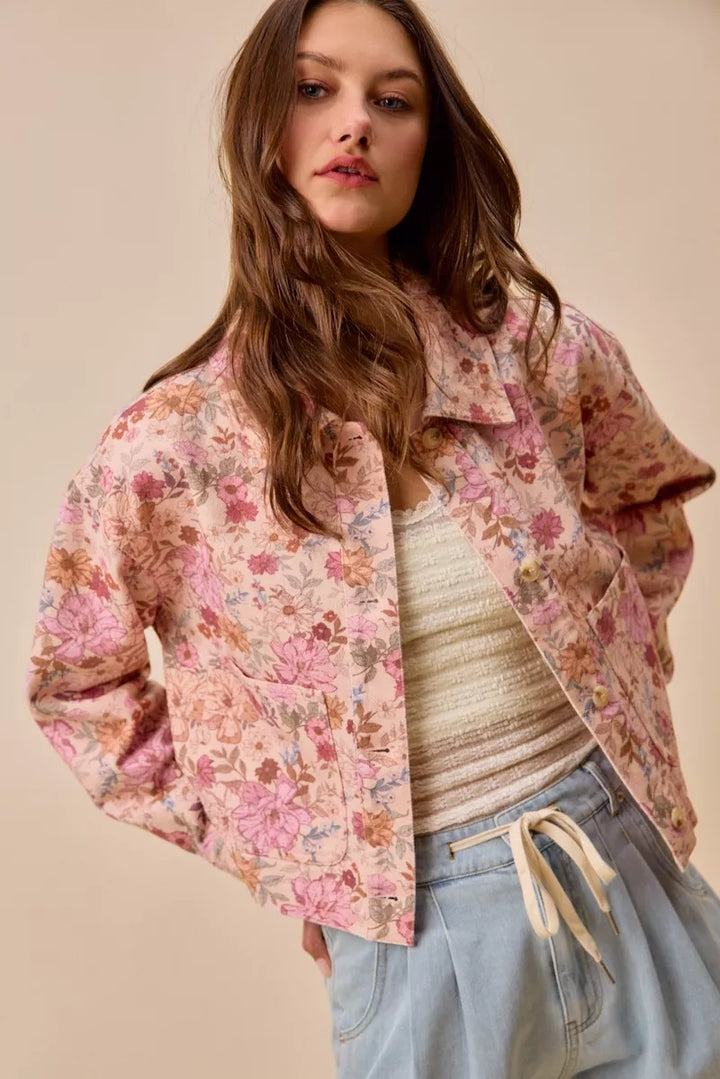 Cropped floral cotton twill barn jacket with patch pockets